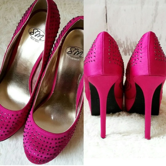 SM New York pink satin rhinestone platform pumps - Picture 4 of 8
